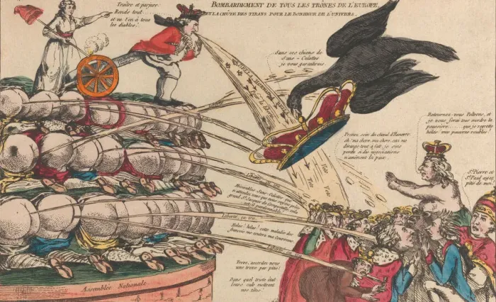 Framed Print : The Bombardment of All the Thrones of Europe and the Fall of the Tyrants for the Happi... ca. 1792. Creator: Anon Framed Print : The Bombardment of All the Thrones of Europe and the Fall of the Tyrants for the Happi... ca. 1792. Creator: Anon