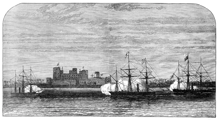 Framed Print : Bombardment of Fort Masnaah, Gulf of Oman, 1874. Creator: Unknown Framed Print : Bombardment of Fort Masnaah, Gulf of Oman, 1874. Creator: Unknown