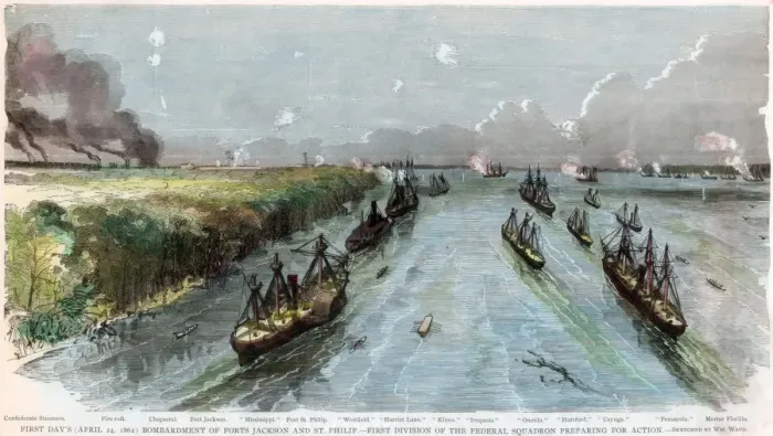 Framed Print : Bombardment of Forts Jackson and St Philip, Louisiana, American Civil War, April 1862 Framed Print : Bombardment of Forts Jackson and St Philip, Louisiana, American Civil War, April 1862