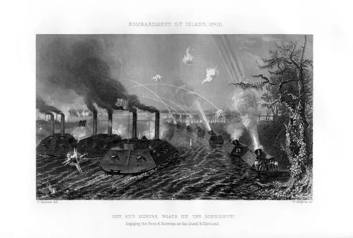 Framed Print : Bombardment of Island Number Ten, Mississippi River, 7 April 1862, (1862-1867). Artist: W Ridgway Framed Print : Bombardment of Island Number Ten, Mississippi River, 7 April 1862, (1862-1867). Artist: W Ridgway