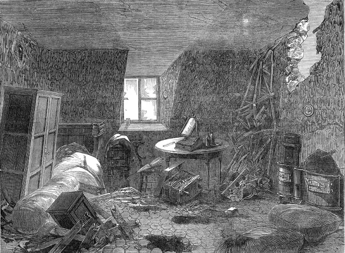 Framed Print : Bombardment of Paris: effects of a shell bursting in the fourth storey of a house, 1871. Creator: Unknown Framed Print : Bombardment of Paris: effects of a shell bursting in the fourth storey of a house, 1871. Creator: Unknown