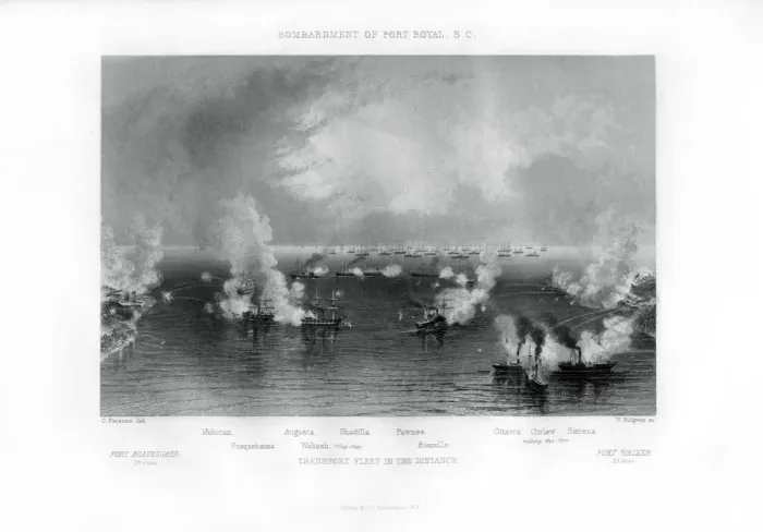Framed Print : Bombardment of Port Royal, South Carolina, 7 November 1861, (1862-1867). Artist: W Ridgway Framed Print : Bombardment of Port Royal, South Carolina, 7 November 1861, (1862-1867). Artist: W Ridgway