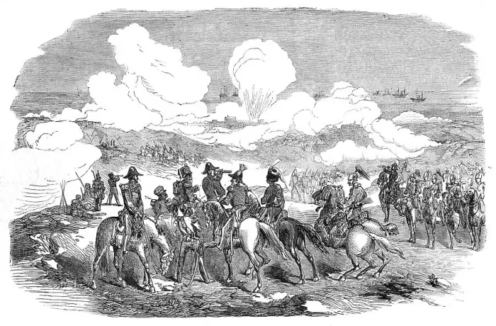 Framed Print : Bombardment of Sebastopol - General Sir De Lacy Evans and staff, 1854. Creator: Unknown Framed Print : Bombardment of Sebastopol - General Sir De Lacy Evans and staff, 1854. Creator: Unknown