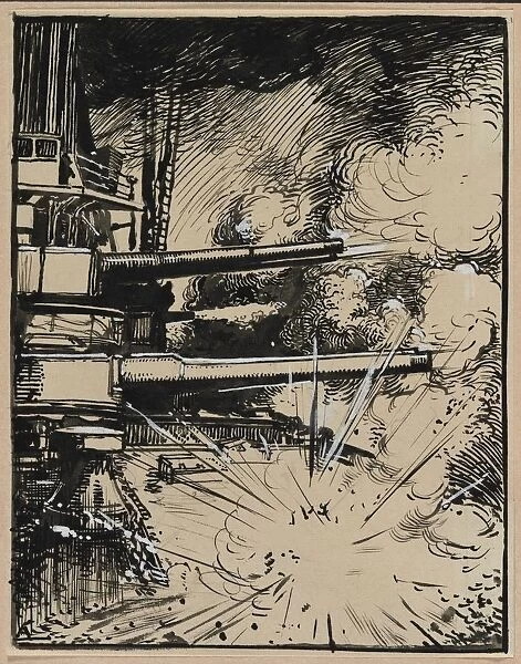 Bombe explosant sur un cuirasse aux canons braques, 1914. Creator: Auguste Louis Lepere