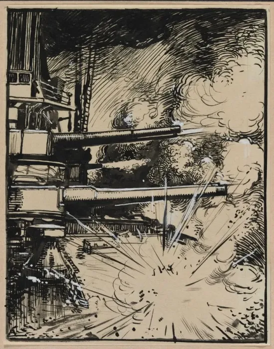 Framed Print : Bombe explosant sur un cuirasse aux canons braques, 1914. Creator: Auguste Louis Lepere Framed Print : Bombe explosant sur un cuirasse aux canons braques, 1914. Creator: Auguste Louis Lepere