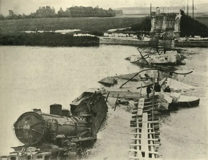 Framed Print : Bombed bridge and derailed train, northern France, First World War, 1914, (c1920) Framed Print : Bombed bridge and derailed train, northern France, First World War, 1914, (c1920)