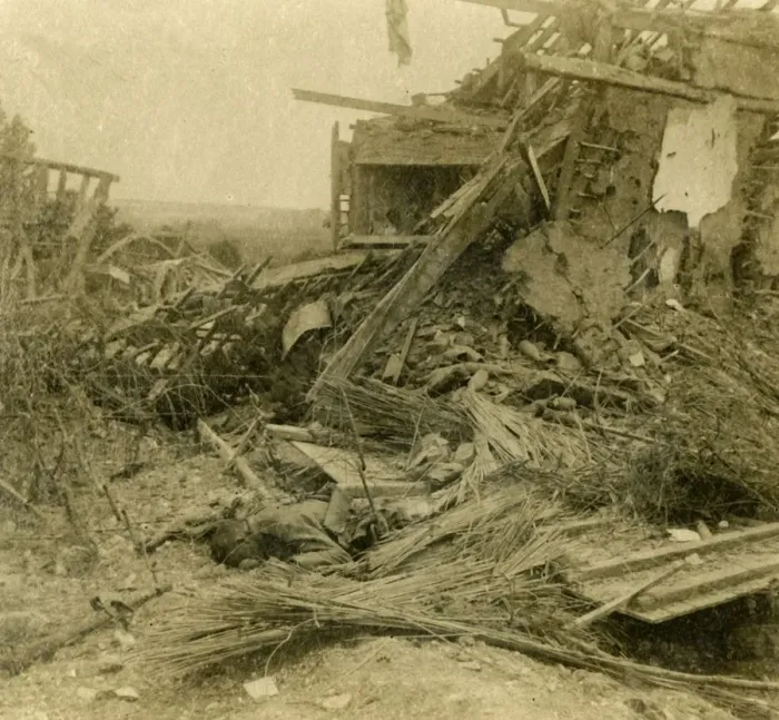 Framed Print : Bombed out building, body of dead soldier in foreground, 1916 Framed Print : Bombed out building, body of dead soldier in foreground, 1916