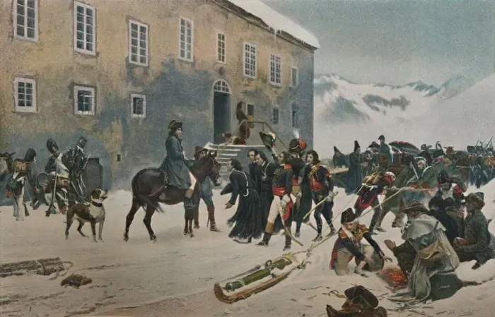 Framed Print : Bonaparte Received By The Monks of Mount St. Bernard. Passage of the Alps, May 1800, (1896) Framed Print : Bonaparte Received By The Monks of Mount St. Bernard. Passage of the Alps, May 1800, (1896)