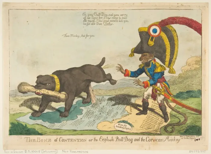 Framed Print : The Bone of Contention or the English Bull Dog and the Corsican Monkey, June 14, 1803 Framed Print : The Bone of Contention or the English Bull Dog and the Corsican Monkey, June 14, 1803
