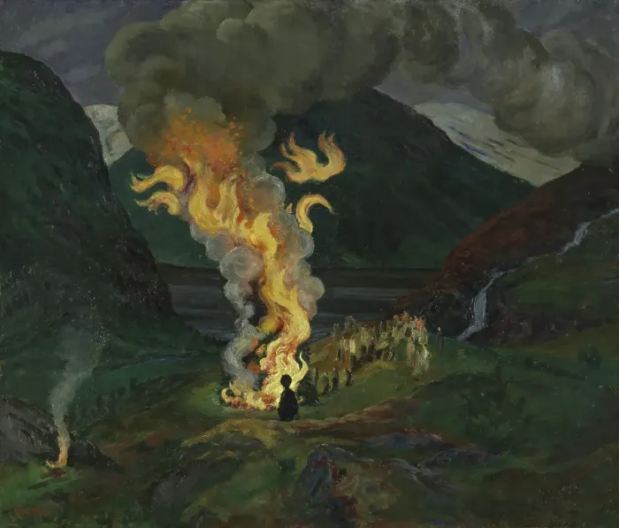 Framed Print : Bonfire celebrating Midsummer Night, 1912 and 1926. Creator: Nikolai Johannes Astrup Framed Print : Bonfire celebrating Midsummer Night, 1912 and 1926. Creator: Nikolai Johannes Astrup