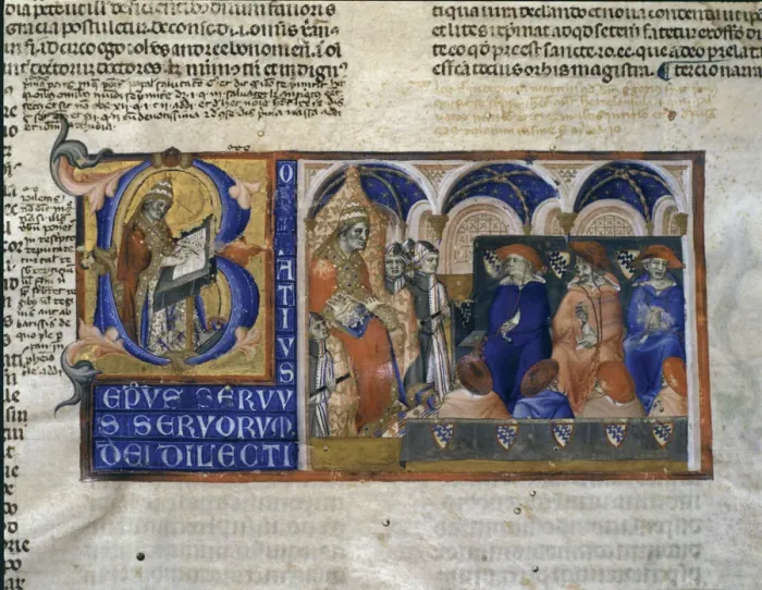 Framed Print : Bonifacio VIII (c. 1235-1303), Pope (1294-1303), miniature of their Decretals (Liber Framed Print : Bonifacio VIII (c. 1235-1303), Pope (1294-1303), miniature of their Decretals (Liber