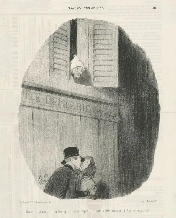 Framed Print : Bonsoir chérie...si ton épicier nous voyait... 19th century. Creator: Honore Daumier Framed Print : Bonsoir chérie...si ton épicier nous voyait... 19th century. Creator: Honore Daumier