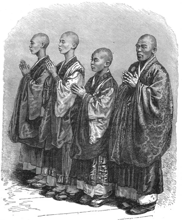 Framed Print : Bonzes praying; A European Sojourn in Japan, 1875. Creator: Unknown Framed Print : Bonzes praying; A European Sojourn in Japan, 1875. Creator: Unknown