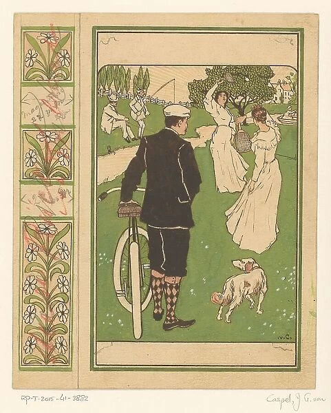 Book cover design, man with bicycle and badminton players, 1880-1928. Creator: Johann Georg van Caspel