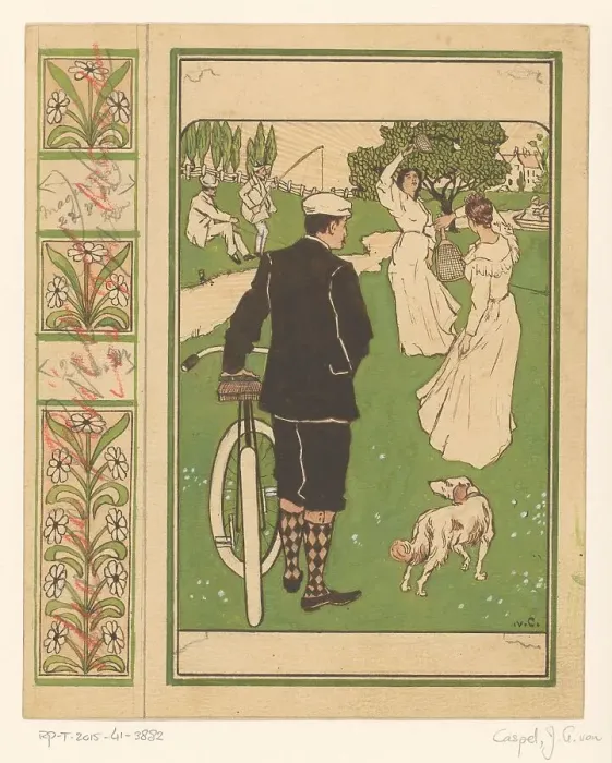 Framed Print : Book cover design, man with bicycle and badminton players, 1880-1928. Creator: Johann Georg van Caspel Framed Print : Book cover design, man with bicycle and badminton players, 1880-1928. Creator: Johann Georg van Caspel
