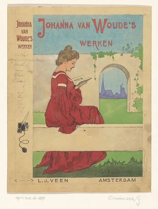 Framed Print : Book cover design for the series: Johanna van Woude's Werken...1905 or earlier. Creator: Johan Coenraad Braakensiek Framed Print : Book cover design for the series: Johanna van Woude's Werken...1905 or earlier. Creator: Johan Coenraad Braakensiek
