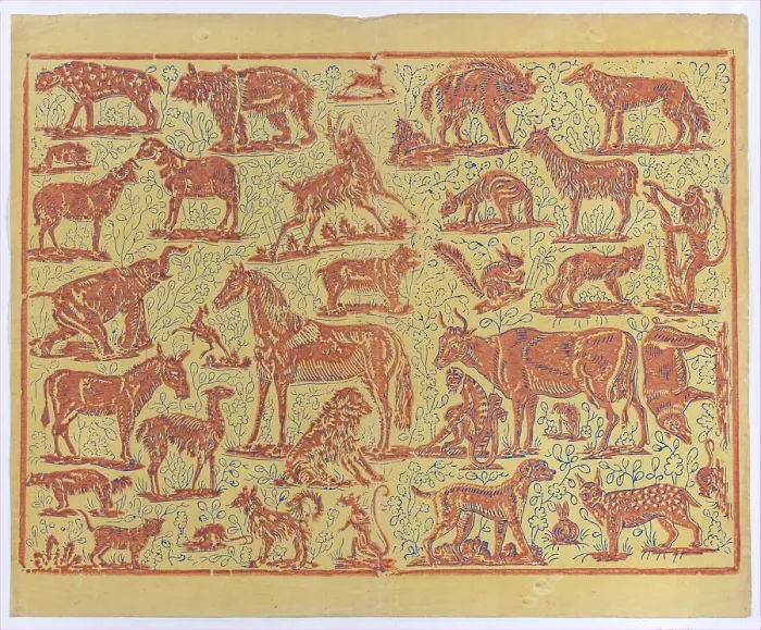 Framed Print : Book cover with overall pattern of animals, 19th century. Creator: Anon Framed Print : Book cover with overall pattern of animals, 19th century. Creator: Anon