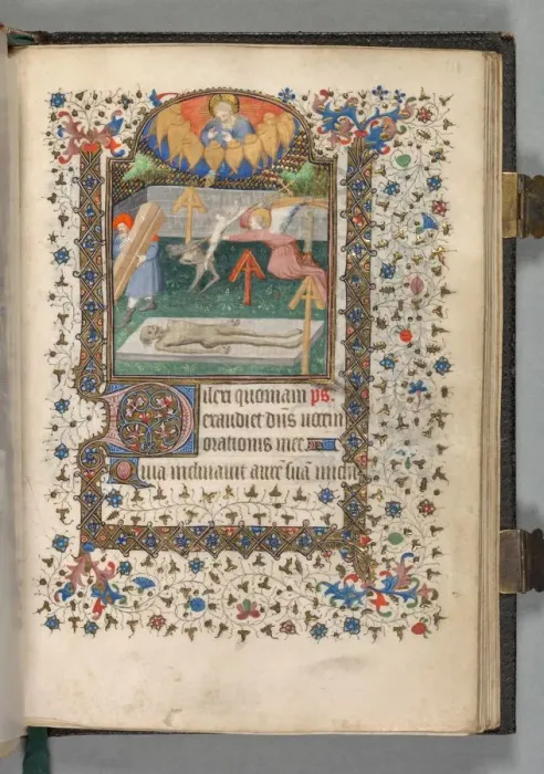 Framed Print : Book of Hours (Use of Paris): Fol. 118r, Angel and Devil Fighting over a Soul, c. 1420 Framed Print : Book of Hours (Use of Paris): Fol. 118r, Angel and Devil Fighting over a Soul, c. 1420