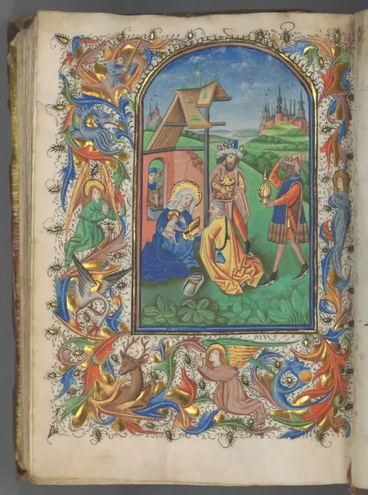 Framed Print : Book of Hours (Use of Utrecht): fol. 221v, Adoration of the Magi, c. 1460-1465. Creator Framed Print : Book of Hours (Use of Utrecht): fol. 221v, Adoration of the Magi, c. 1460-1465. Creator