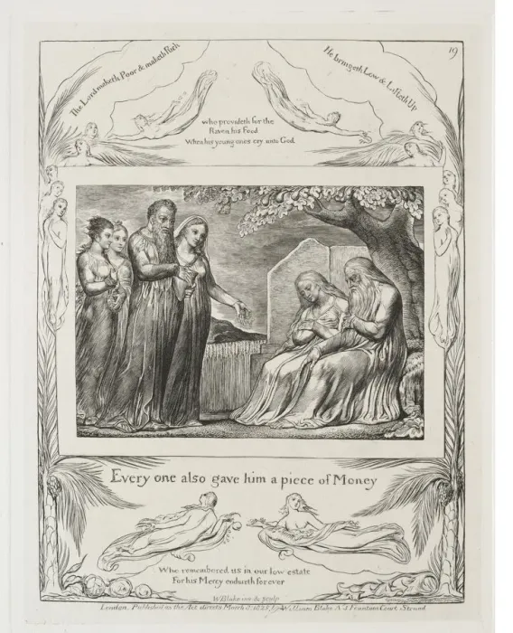 Framed Print : The Book of Job: Pl. 19, Every one also gave him a piece of money, 1825. Creator: William Blake Framed Print : The Book of Job: Pl. 19, Every one also gave him a piece of money, 1825. Creator: William Blake