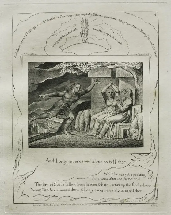 Framed Print : The Book of Job: Pl. 4, And I only am escaped alone to tell thee, 1825. Creator: William Blake Framed Print : The Book of Job: Pl. 4, And I only am escaped alone to tell thee, 1825. Creator: William Blake