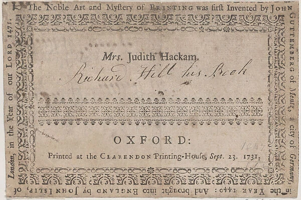 Book Label for Mrs. Judith Hackam, 19th century. 19th century. Creator: Anon