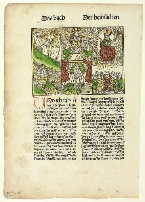 Framed Print : Book of Revelation (Seven Trumpets) from The Bible (also called the...1485...assembled 1929. Creators: Unknown, Johann Reinhard Grüninger, Wilhelm Ludwig Schreiber) Framed Print : Book of Revelation (Seven Trumpets) from The Bible (also called the...1485...assembled 1929. Creators: Unknown, Johann Reinhard Grüninger, Wilhelm Ludwig Schreiber)