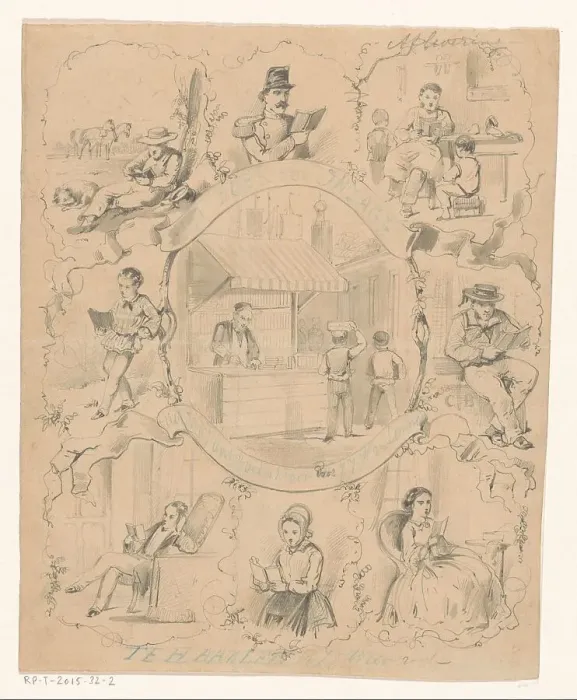 Framed Print : Book stall on a market surrounded by eight scenes with reading figures, c.1860-c.1862. Creator: Charles Rochussen
