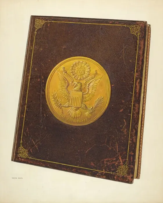 Framed Print : Book with U.S. Seal on Cover, c. 1941. Creator: Wayne White Framed Print : Book with U.S. Seal on Cover, c. 1941. Creator: Wayne White
