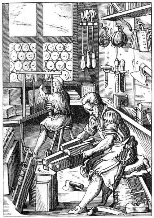 Framed Print : Bookbinder, 16th century (1849). Artist: Jost Amman Framed Print : Bookbinder, 16th century (1849). Artist: Jost Amman