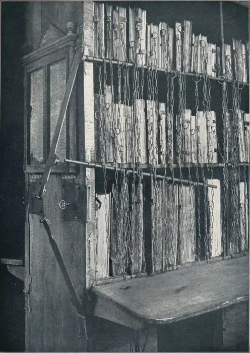 Framed Print : Bookcase, 15th century, with some later editions, and catalogue frame, 17th century, c1931