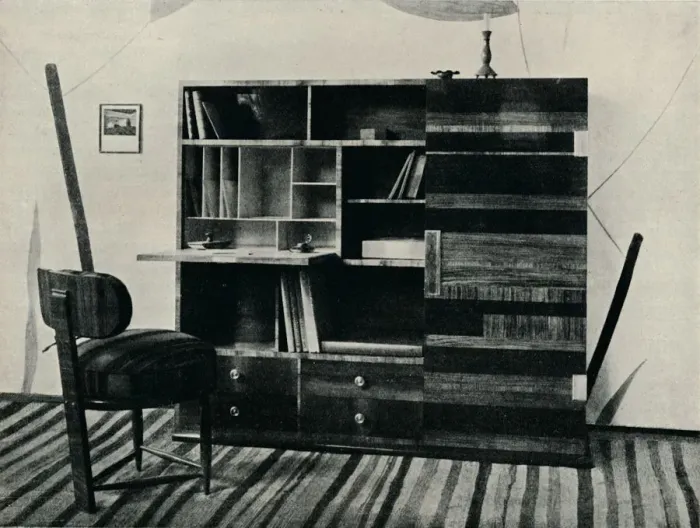 Framed Print : Bookcase and Chair. Designed and executed by Hans Hartl, c1927 Framed Print : Bookcase and Chair. Designed and executed by Hans Hartl, c1927