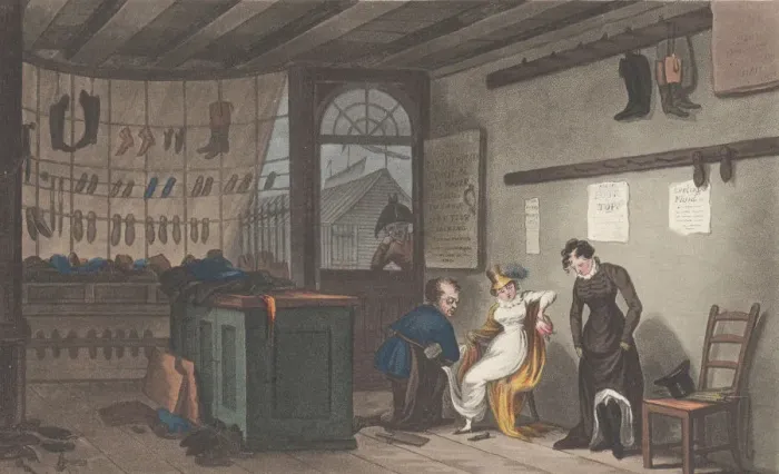 Framed Print : Boot & Shoe Shop, from Poetical Sketches of Scarborough, 1813. 1813 Framed Print : Boot & Shoe Shop, from Poetical Sketches of Scarborough, 1813. 1813