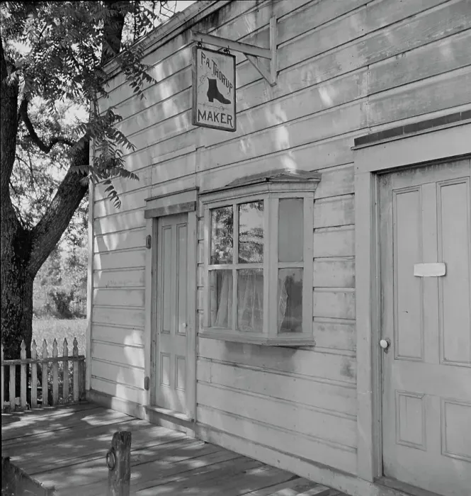 Framed Print : Boot and shoemaker shop in small California town, 1938. Creator: Dorothea Lange Framed Print : Boot and shoemaker shop in small California town, 1938. Creator: Dorothea Lange