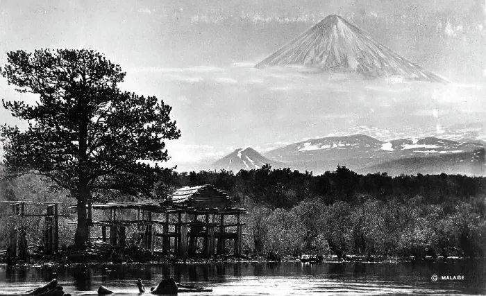Framed Print : Booths on the river bank against the backdrop of Klyuchevsky volcano, 1922-1923. Creator: Rene Malaise Framed Print : Booths on the river bank against the backdrop of Klyuchevsky volcano, 1922-1923. Creator: Rene Malaise