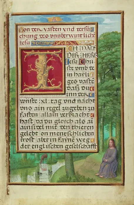Framed Print : Border with Christ in the Wilderness; Prayer Book of Cardinal Albrecht of Brandenburg, about 1525-30 Creator: Simon Bening