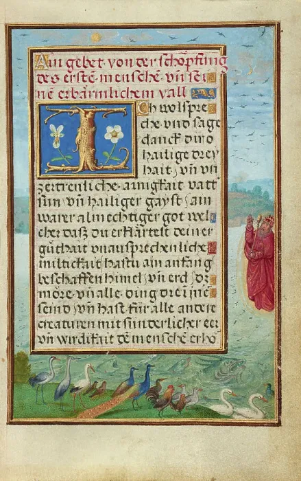 Framed Print : Border with the Creation of Birds and Fishes, about 1525-1530. Creator: Simon Bening Framed Print : Border with the Creation of Birds and Fishes, about 1525-1530. Creator: Simon Bening