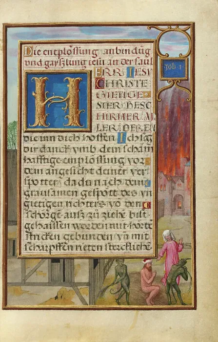 Framed Print : Border with Job Mocked by His Wife and Tormented by Two Devils, about 1525-1530. Creator: Simon Bening Framed Print : Border with Job Mocked by His Wife and Tormented by Two Devils, about 1525-1530. Creator: Simon Bening