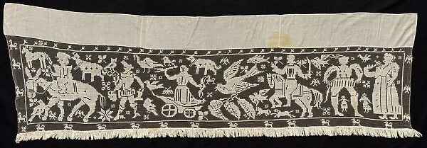 Border with Mounted and Standing Figures, Chariots, and Animals, 19th century. Creator: Unknown