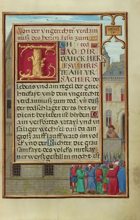 Framed Print : Border with the People Demanding Daniel from Cyrus, about 1525-1530. Creator: Simon Bening Framed Print : Border with the People Demanding Daniel from Cyrus, about 1525-1530. Creator: Simon Bening