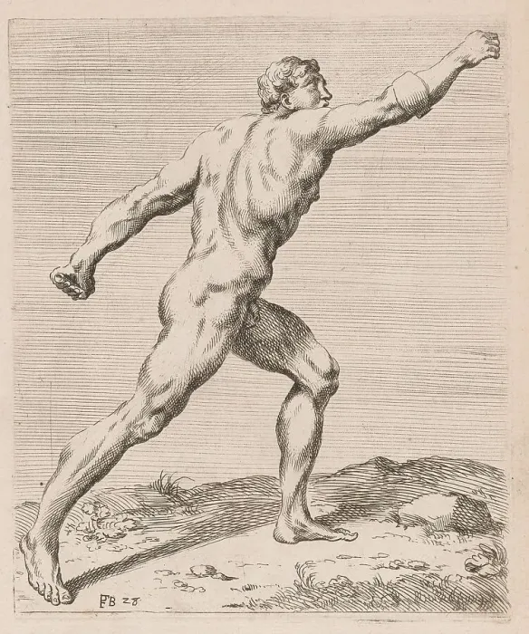 Framed Print : The Borghese Gladiator, side view, turned to right [plate 28], 1638. Creator: François Perrier