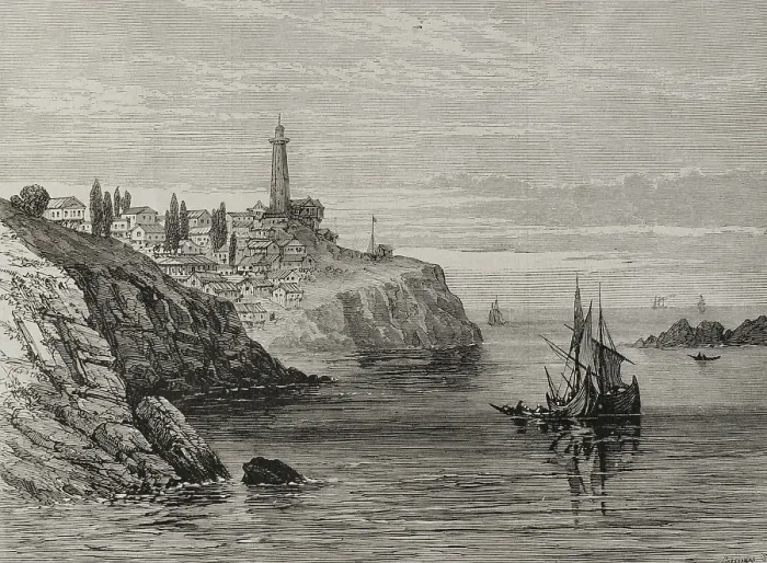 Framed Print : Bosphorus lighthouse at the entrance to the Black Sea, on the European coast, Turkey, 1878. Creator: John Greenaway Framed Print : Bosphorus lighthouse at the entrance to the Black Sea, on the European coast, Turkey, 1878. Creator: John Greenaway
