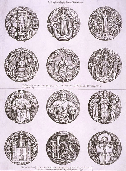 Six bosses on the vaulting of the undercroft and cloisters of St Stephens Chapel, 1790