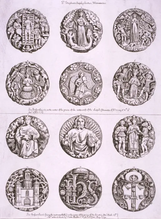 Framed Print : Six bosses on the vaulting of the undercroft and cloisters of St Stephens Chapel, 1790 Framed Print : Six bosses on the vaulting of the undercroft and cloisters of St Stephens Chapel, 1790