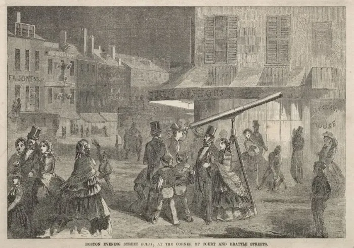 Framed Print : Boston Evening Street Scene, at Corner of Court and Brattle Streets, 1857. Creator Framed Print : Boston Evening Street Scene, at Corner of Court and Brattle Streets, 1857. Creator