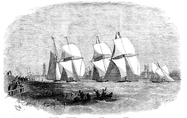 Boston Regatta, the Yachts starting for the Cup, 1856. Creator: Edwin Weedon