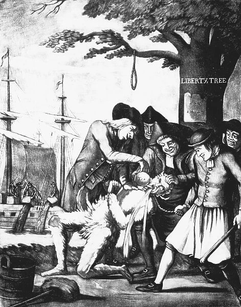 Bostonians tarring and feathering the Excise man and forcing tea down his throat, Boston Tea Party