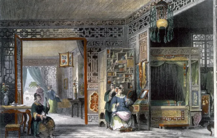 Framed Print : Boudoir and bedchamber of a lady of rank, China, 1843. Artist: Thomas Allom Framed Print : Boudoir and bedchamber of a lady of rank, China, 1843. Artist: Thomas Allom