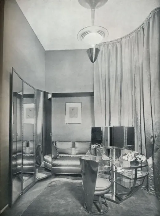 Framed Print : Part of a boudoir dressing-room in dove grey satin and chromium plated metal, by Eugene Printz of P Framed Print : Part of a boudoir dressing-room in dove grey satin and chromium plated metal, by Eugene Printz of P