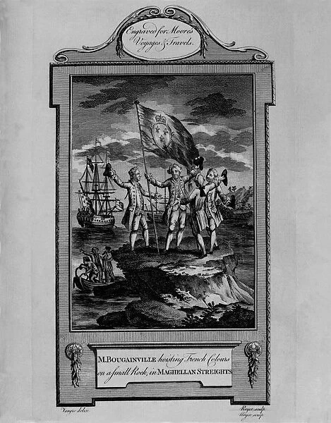 Bougainville raising the flag of France on a rock in the Strait of Magellan, engraving